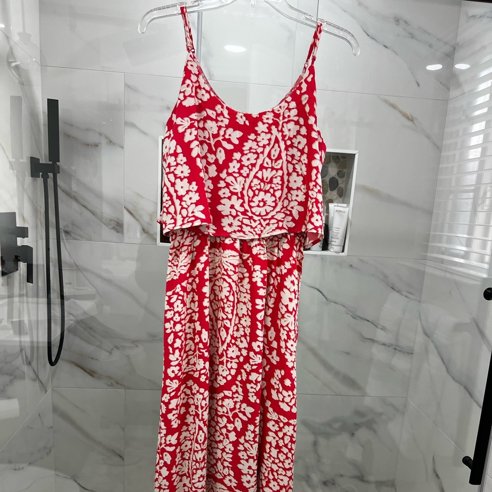 Lucky Brand Pink Coral & Ivory Maxi Dress | Adjustable Straps | Soft Rayon Small